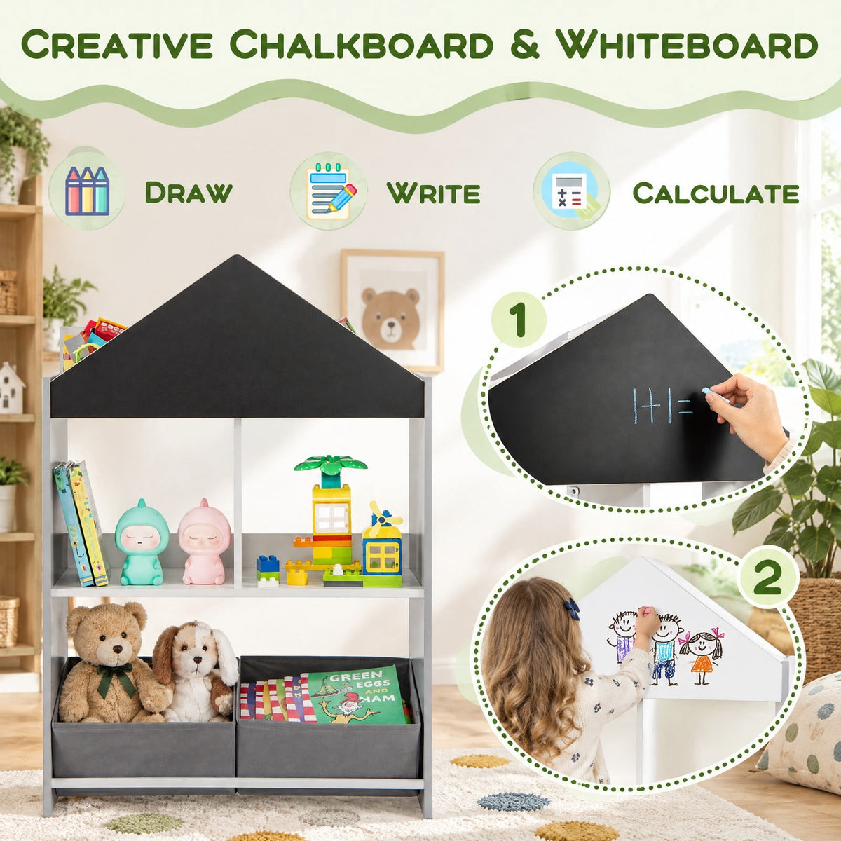 Airfind Playhouse Kids Bookshelf with Chalkboard and Whiteboard for 3-6 Years, MDF Metal Fabric Frame, Gray