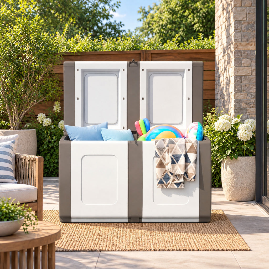 AIRFIND Deck Box 53 Gallon, Outdoor Patio Storage Container with Lockable Lid, Side Handles and Tool-Free Assembly for Garden Supplies, Beige
