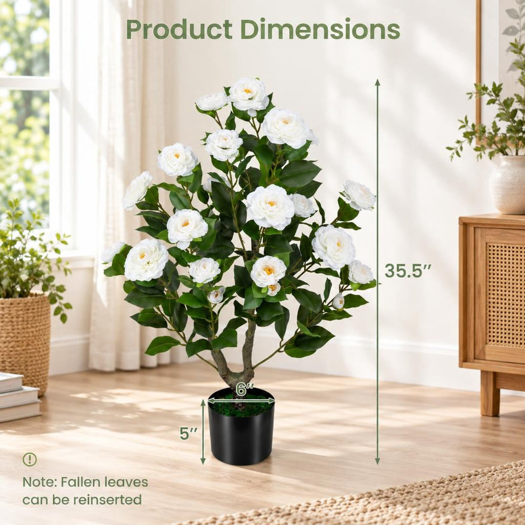 Airfind 2-Pack Artificial Camellia Tree Faux Flower Plant in Cement-Filled Pot, White, offers excellent stability and balance