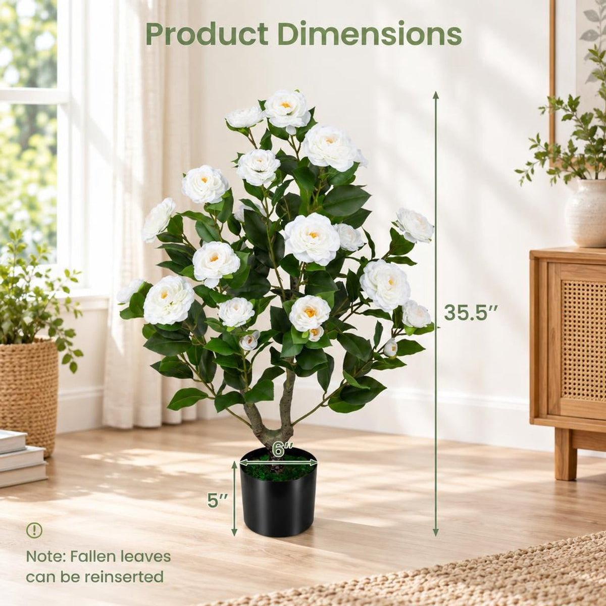Airfind 2-Pack Artificial Camellia Tree Faux Flower Plant in Cement-Filled Pot, White, offers excellent stability and balance