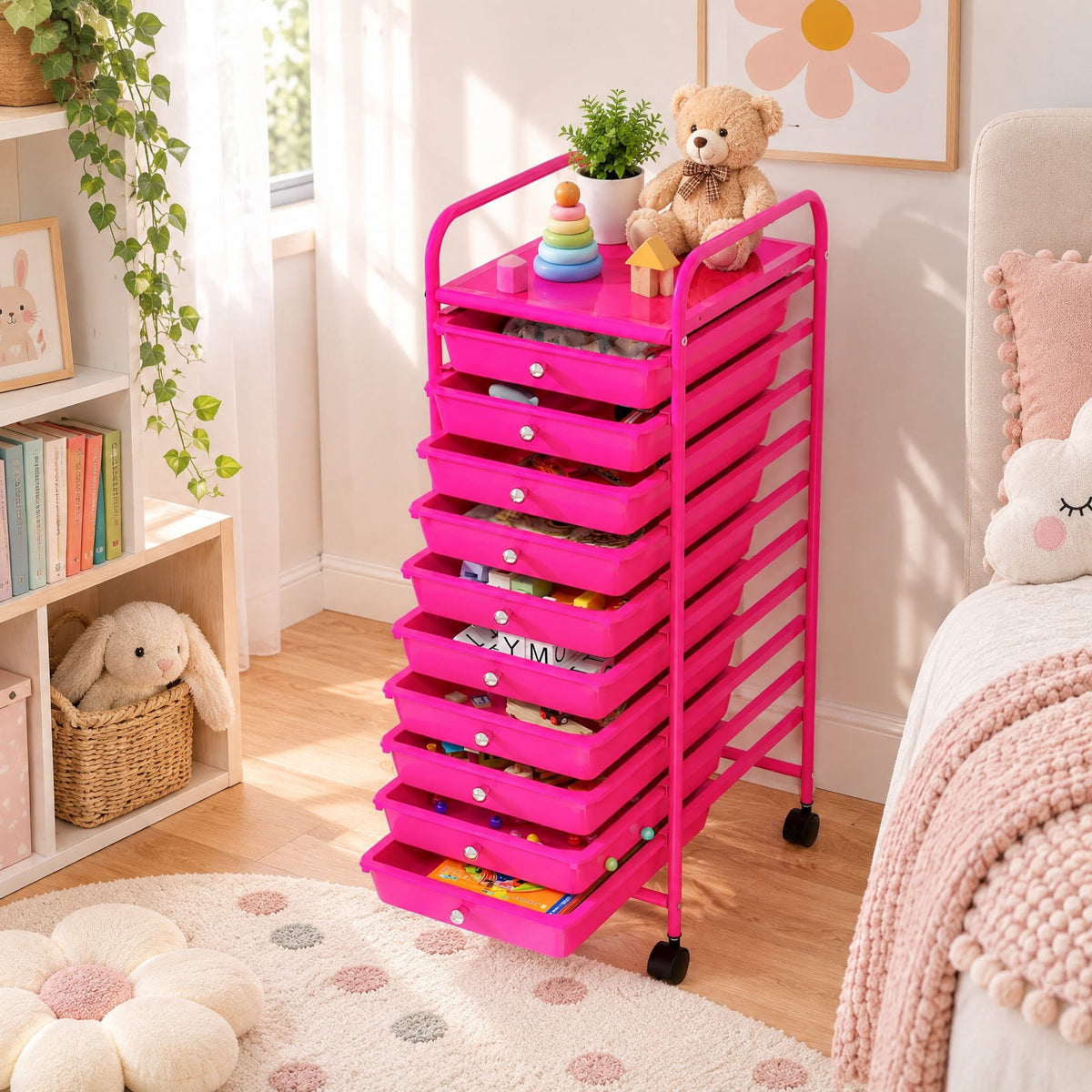 Airfind 10 Drawer Rolling Storage Cart Organizer with 4 Universal Casters, 3 lbs Capacity, Steel Plastic Frame, Pink