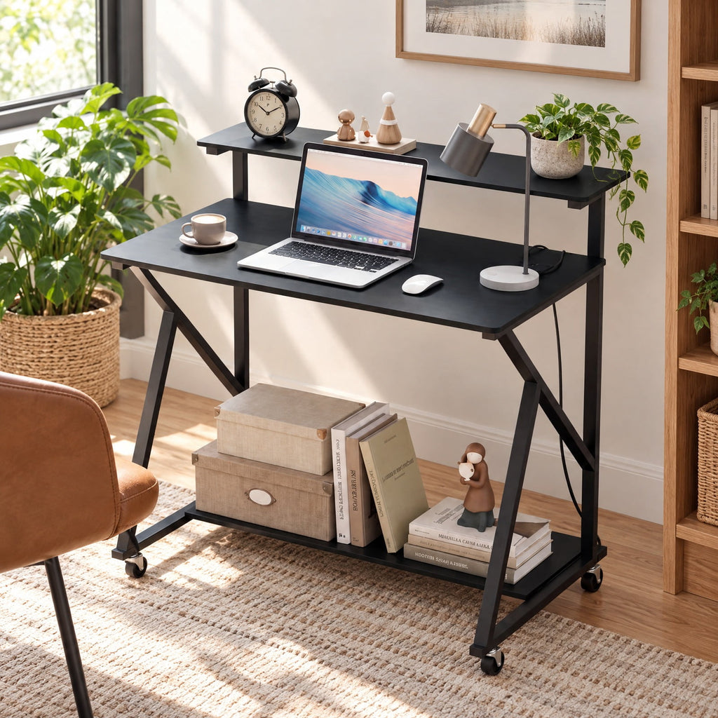 Airfind Rolling Computer Desk with Charging Station and Monitor Shelf Storage for Home Office, 155 lbs Capacity, Engineered Wood Metal Frame, Black