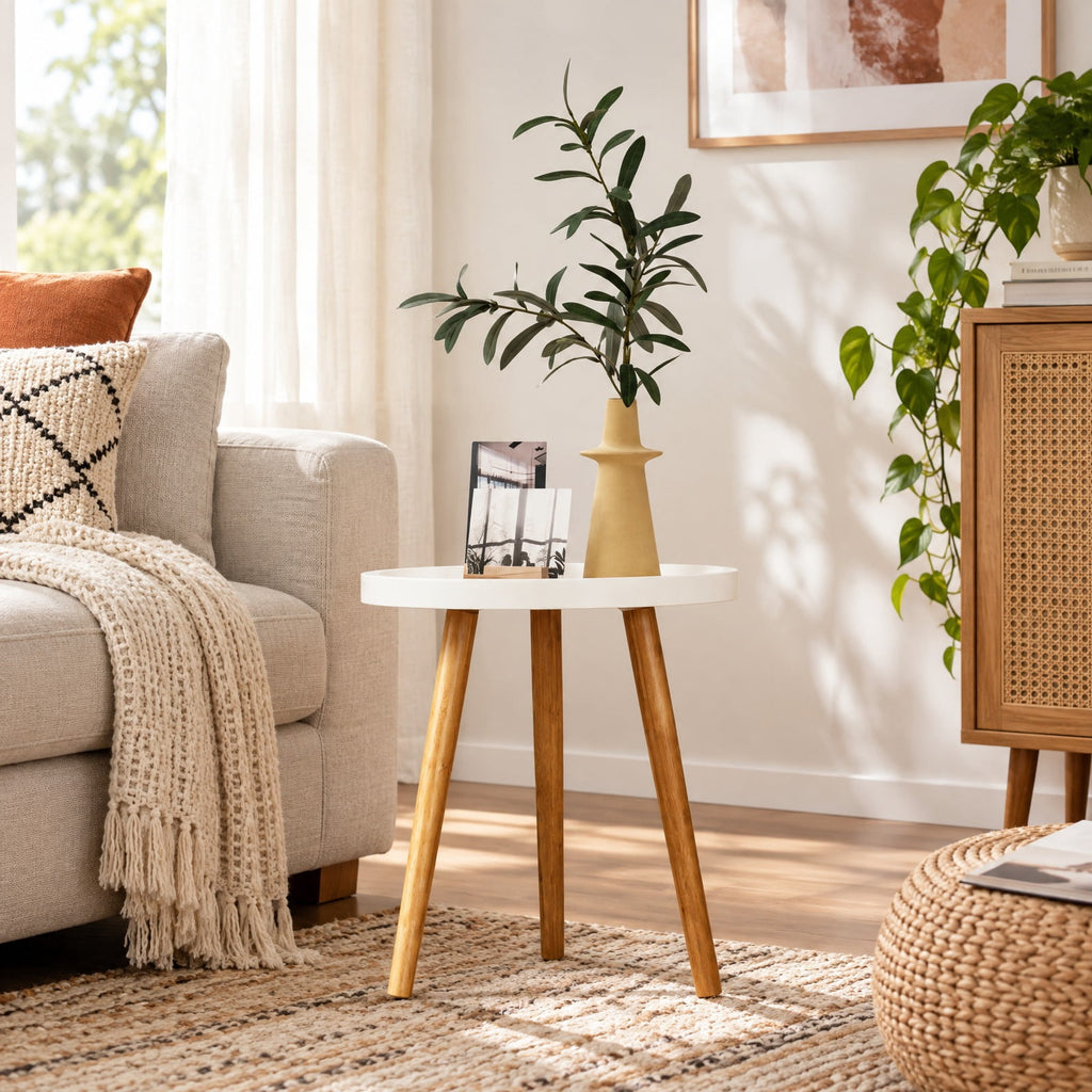 Airfind Round Side Sofa Coffee Table with Wooden Tray, 33 lbs Capacity, MDF panel bamboo feet Frame, White