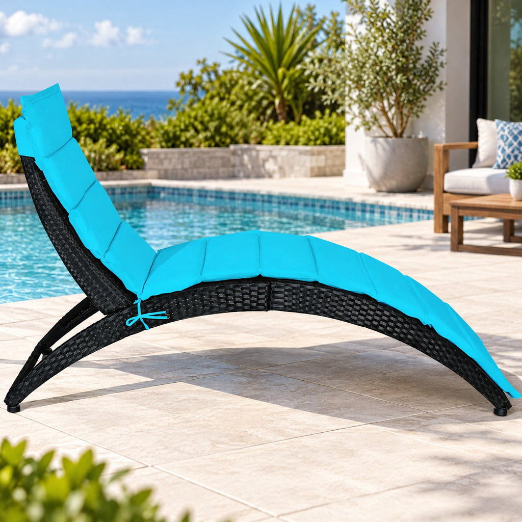 Airfind Folding Patio Rattan Portable Lounge Chair Chaise with Cushion, PE rattan steel non-woven fabric sponge Frame, Turquoise