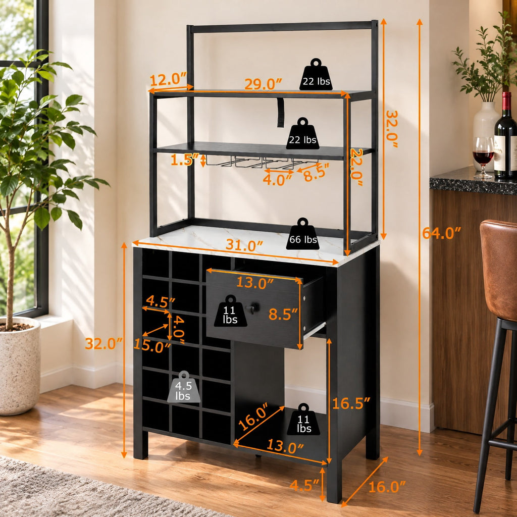 Airfind Kitchen Bakers Rack Freestanding Wine Rack Table with Glass Holder and Drawer, Engineered wood steel Frame, 31 x 16 x 64 Footprint, Black