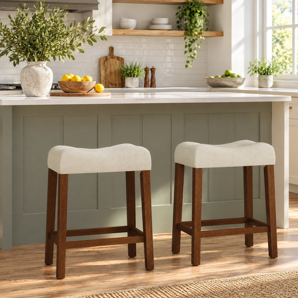 Airfind Set of 2 Upholstered Counter Height Bar Stool with Curved Saddle-Seat, 330 lbs Capacity, Rubber Wood MDF Fabric Sponge Frame, Brown