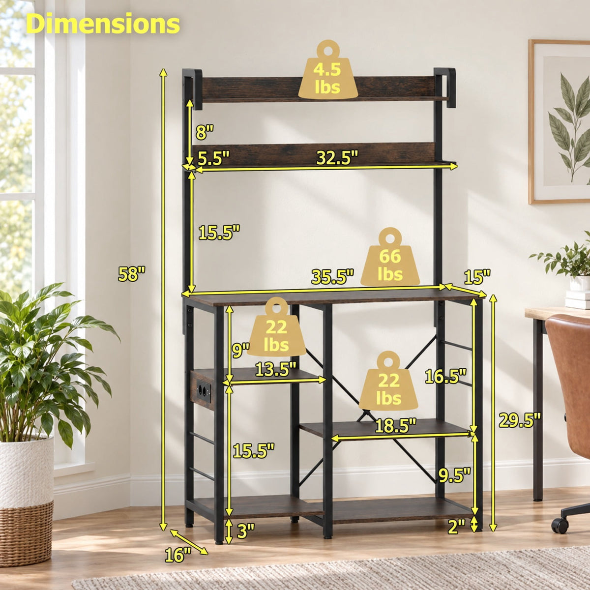 Airfind Kitchen Bakers Rack with Power Outlet 5-Tier Microwave Oven Stand with LED Lights, Top Shelf 4.5 lbs Capacity, Engineered Board Metal Frame