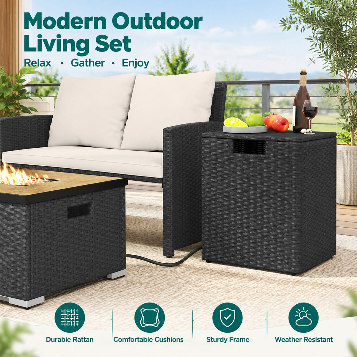 Airfind Rattan Propane Tank Cover Patio Hideaway Tank Side Table, 80 lbs Capacity, PE Rattan Metal Frame, 16 x 16 x 22.5 Footprint, Black