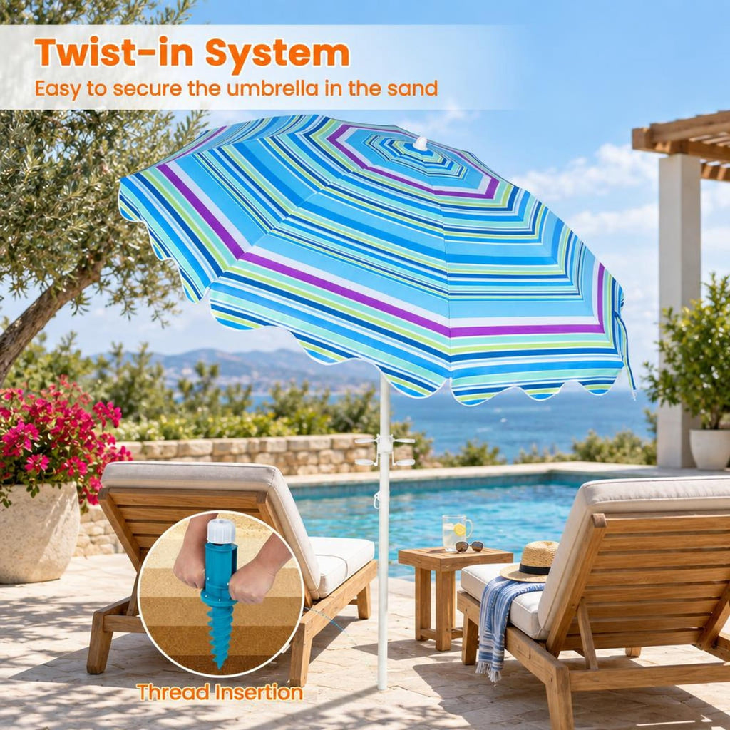 Airfind 6.5 FT Beach Umbrella UPF 50+ with Sand Anchor for Garden Pool Backyard, Polyester Fabric Metal Aluminum Alloy PP Frame, Blue Stripe