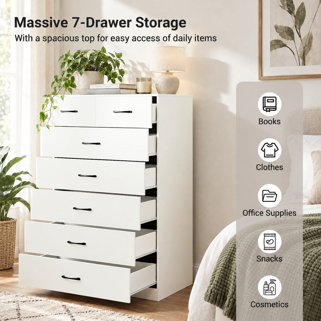 Airfind 7-Drawer Tall Dresser with Metal Handles and Anti-Tipping Kits, 66 lbs Capacity, Engineered Wood MDF Frame, 32 x 18 x 48 Footprint, White
