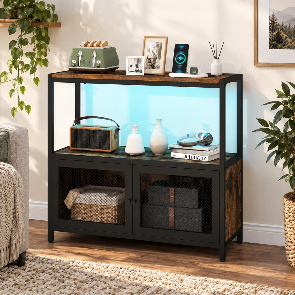 Airfind Industrial Coffee Bar Cabinet with LED Lights and Charging Station, 110 Lbs Capacity, Metal Engineered Wood MDF, Coffee