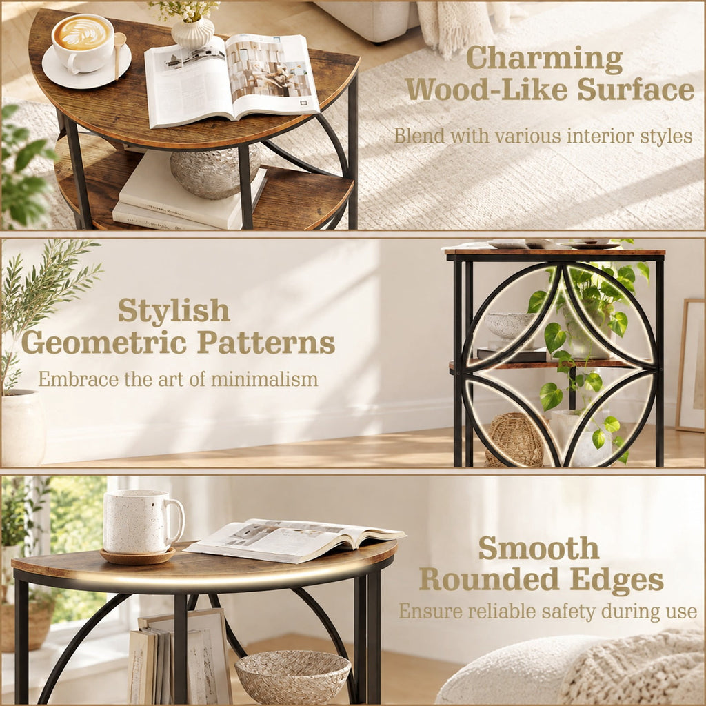 Airfind 3, Tier Half Round End Table with Study Metal Frame for Living Room, Rustic Brown, Smooth rounded edges ensure reliable safety during use