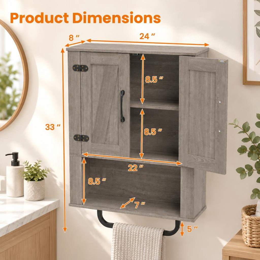 Airfind Bathroom Wall Cabinet with 2 Barn Doors and Towel Bar and 3-Tier Wooden Storage, 11 lbs Capacity, Engineered Wood MDF Metal Frame, Gray