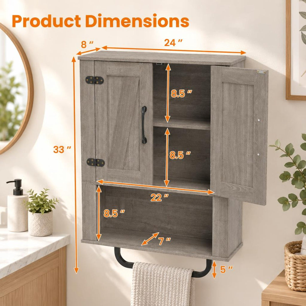 Airfind Bathroom Wall Cabinet with 2 Barn Doors and Towel Bar and 3-Tier Wooden Storage, 11 lbs Capacity, Engineered Wood MDF Metal Frame, Gray