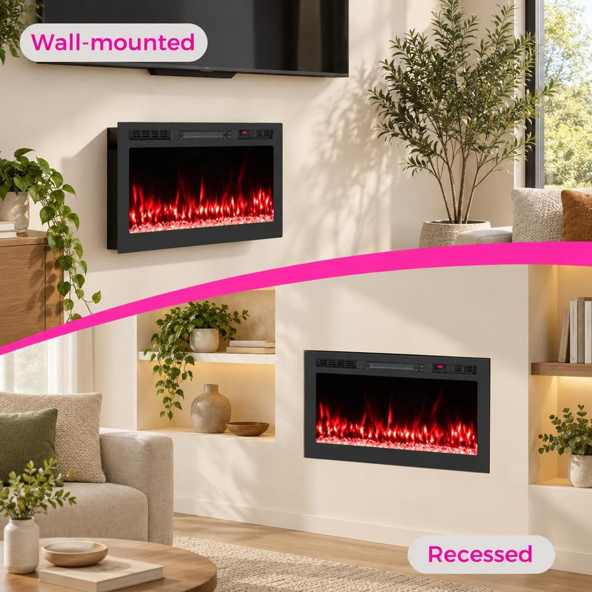 Airfind Smart WiFi Electric Fireplace Wall Mounted and Recessed 750W/1500W Heater-36 Inch, Black, Power Cord 5 ft Net Weight-36in 29.5 lbs