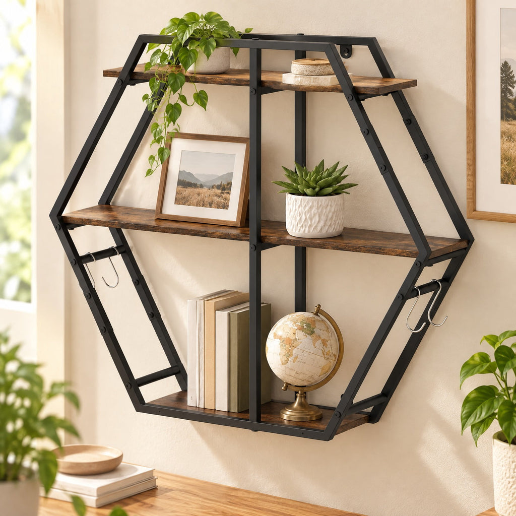 Airfind 3-Tier Geometric Bookcase with S-Shaped Hooks for Living Room, 80 lbs Capacity, Engineered Wood Metal Frame, Brown