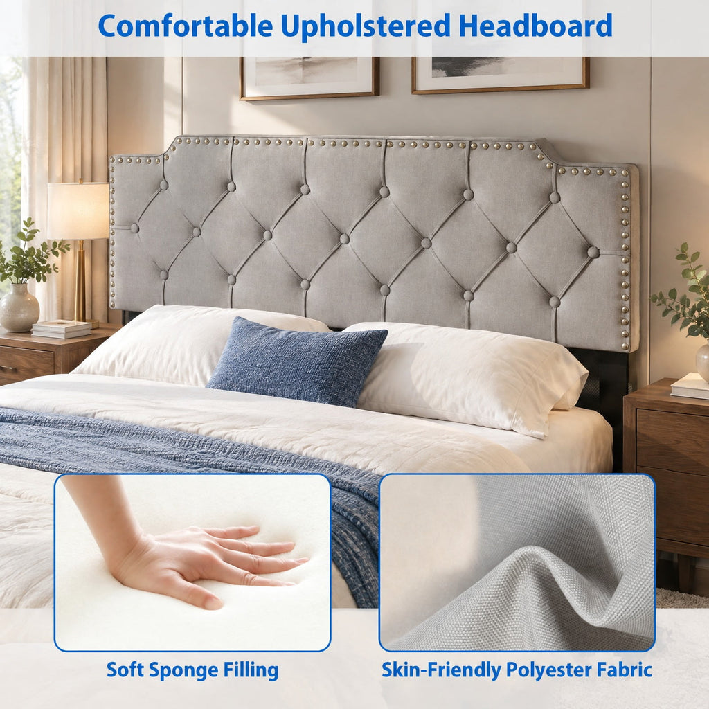 Airfind Headboard for Queen and Full Size Bed Rivet Tufted Upholstered Head Board, Rubber Wood Polyester Sponge MDF Frame, 63 x 4 x 45 Footprint