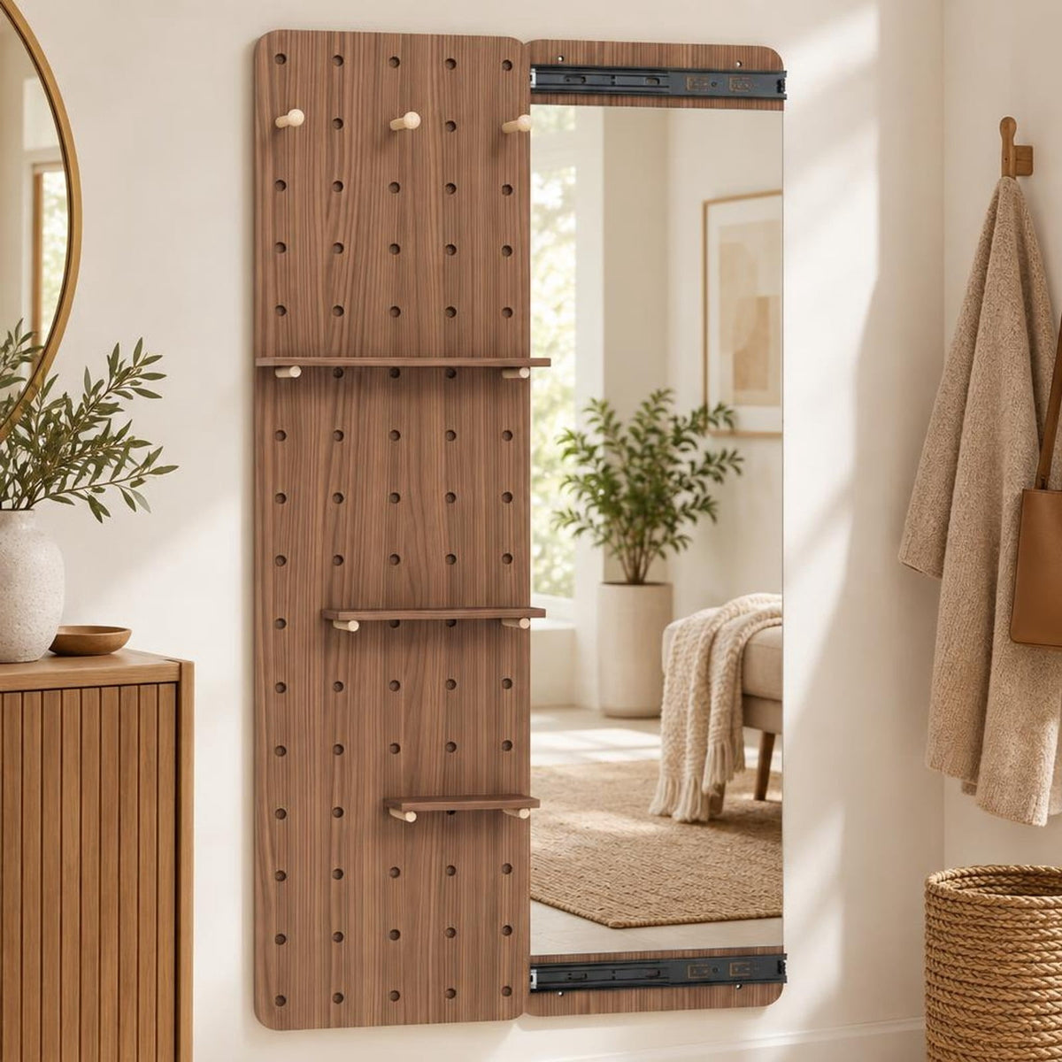 Airfind Solid Wood Full Length Mirror with Pegboard Shelves and Hooks for Entryway, Solid Wood Glass Frame, 16 x 5.5 x 55 Footprint, Brown