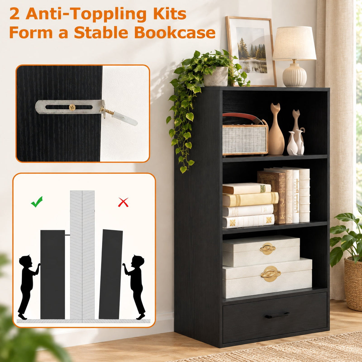 Airfind 48 Inch Tall 4 Tiers Wood Bookcase with Drawer, 88 lbs Capacity, Engineered Wood MDF Frame, 24in x 15in x 42.5in Footprint, Black