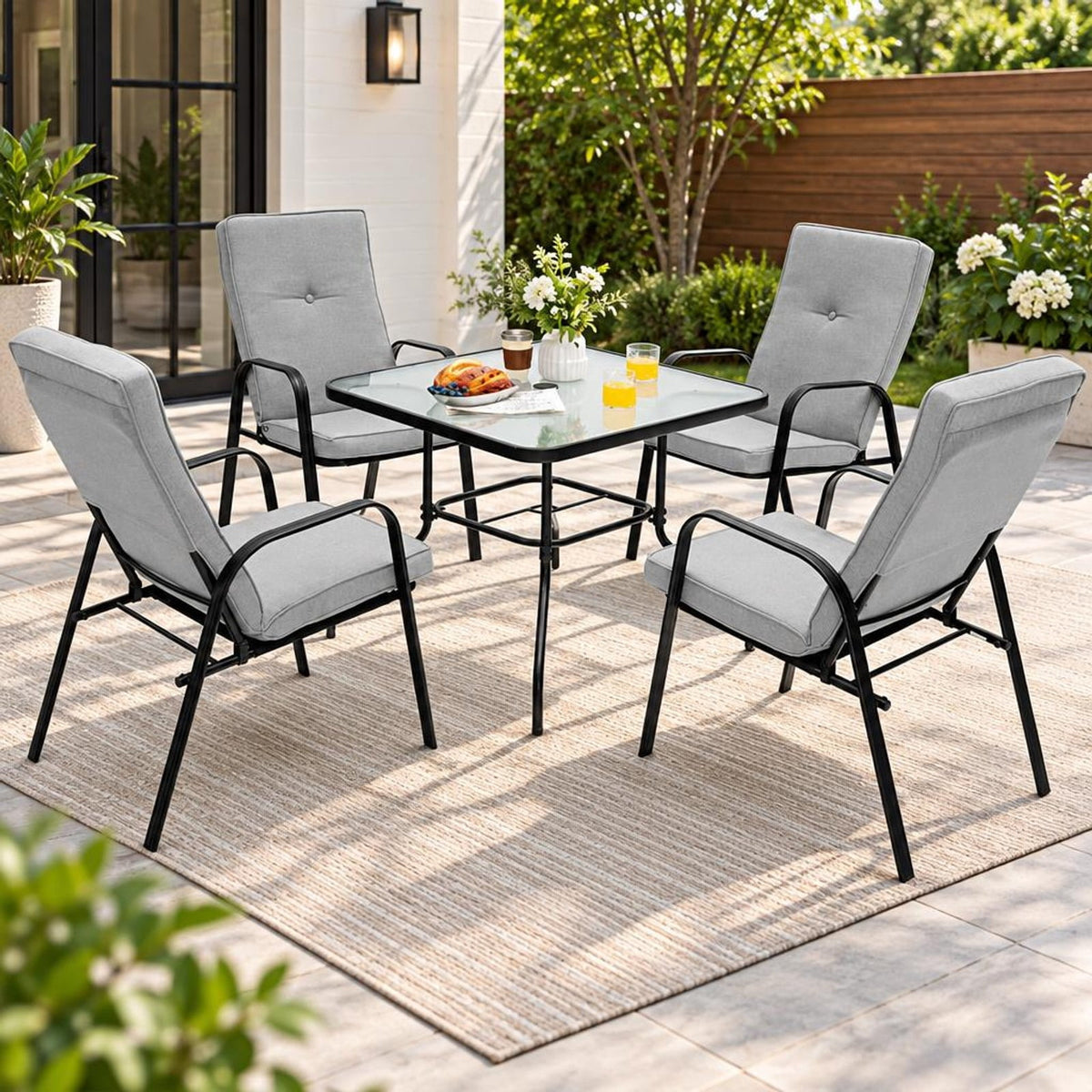 Airfind 35 Inch Patio Dining Square Tempered Glass Table with Umbrella Hole, 200 lbs Capacity, Steel tempered glass Frame, Black