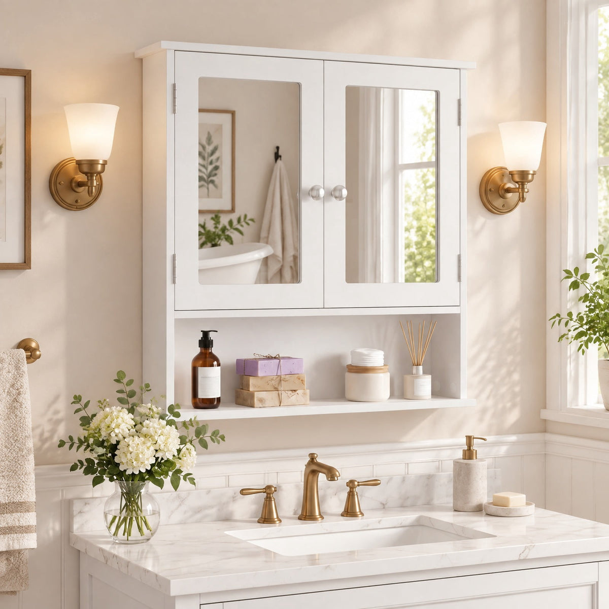 Airfind Bathroom Wall Mount Mirror Cabinet Organizer, 44 lbs Capacity, Engineered Wood Frame, 20in x 3.5in x 16in Footprint, White