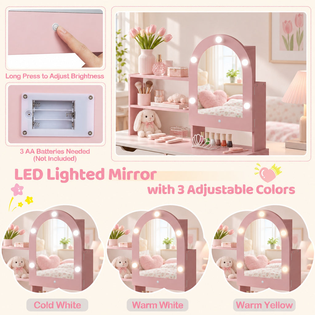 Airfind Kids Vanity Set Pretend Play Dressing Table Set with 3-Color Lighting Modes and Mirror Cabinet, 44 lbs Capacity, MDF Frame, Pink