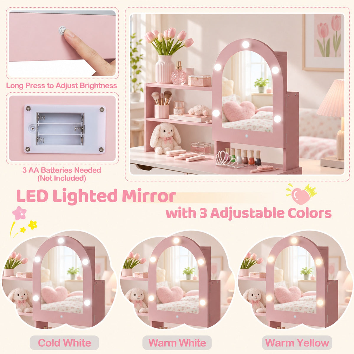 Airfind Kids Vanity Set Pretend Play Dressing Table Set with 3-Color Lighting Modes and Mirror Cabinet, 44 lbs Capacity, MDF Frame, Pink