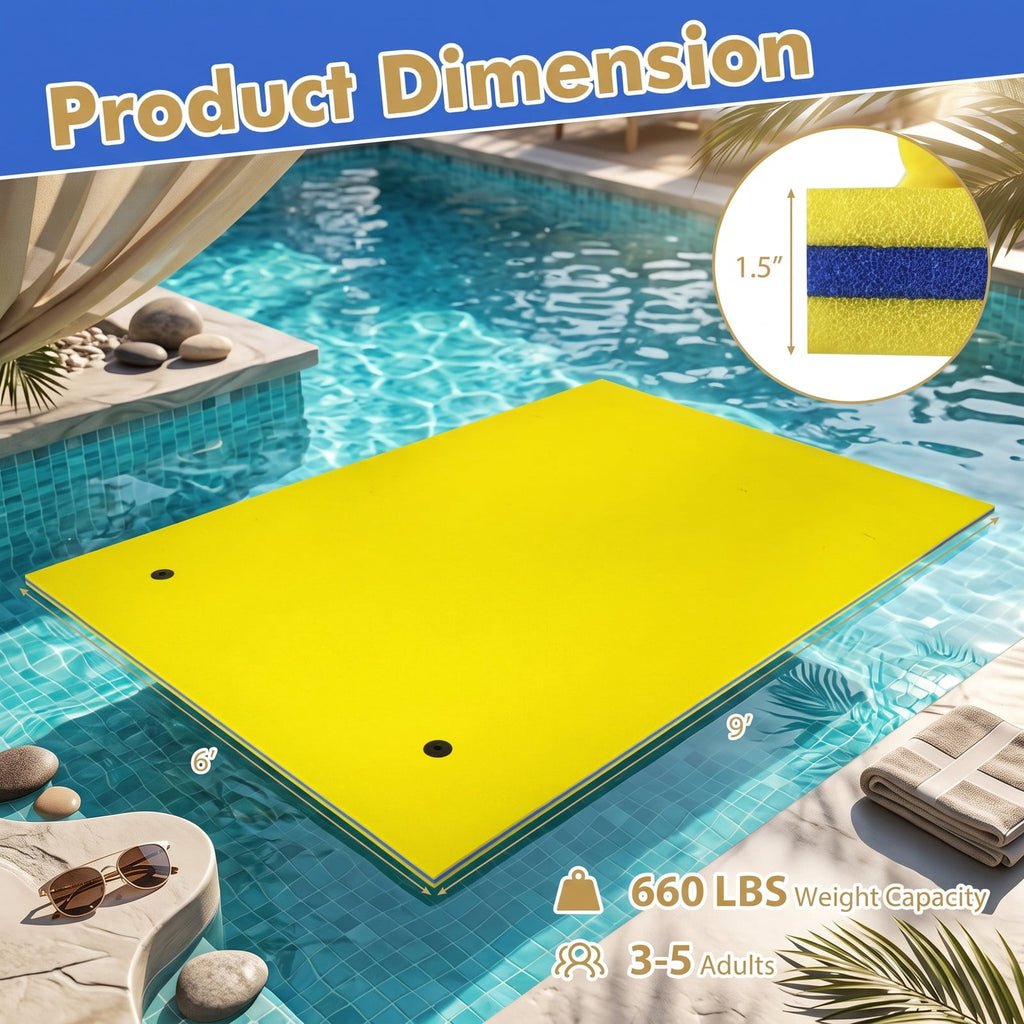Airfind 9 x 6 3 Layer Floating Water Pad Roll Up Foam Mat with 2 Bungee Tethers and Rolled Pillow Edge for Lake Pool and Beach, Yellow