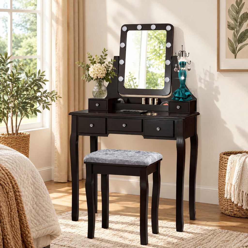 Airfind Vanity Dressing Table featuring 10 Dimmable Bulbs and Cushioned Stool, 220 lbs Capacity, MDF Pine Frame, 31.5 Inch x 16 Inch x 53 Inch Footprint, Brown