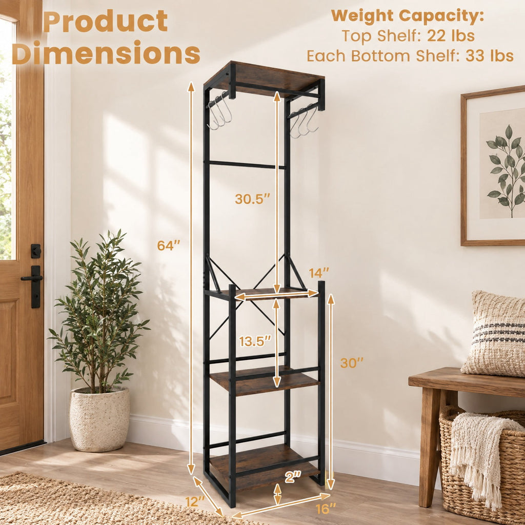 Airfind Freestanding Coat Rack with 4 Storage Shelves and 6 Hooks, 22 lbs Capacity, Metal Engineered Wood, 16 Inch x 12 Inch x 64 Inch , Brown