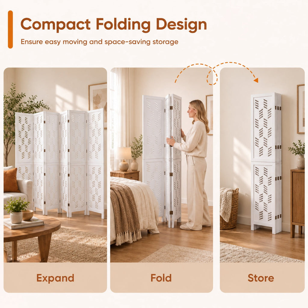 Airfind 5.5 FT Tall Room Divider 6 Panels with Wave Cutout and Paulownia Frame for Room, Paulownia Wood Metal Frame, 95in x 67in Footprint, White
