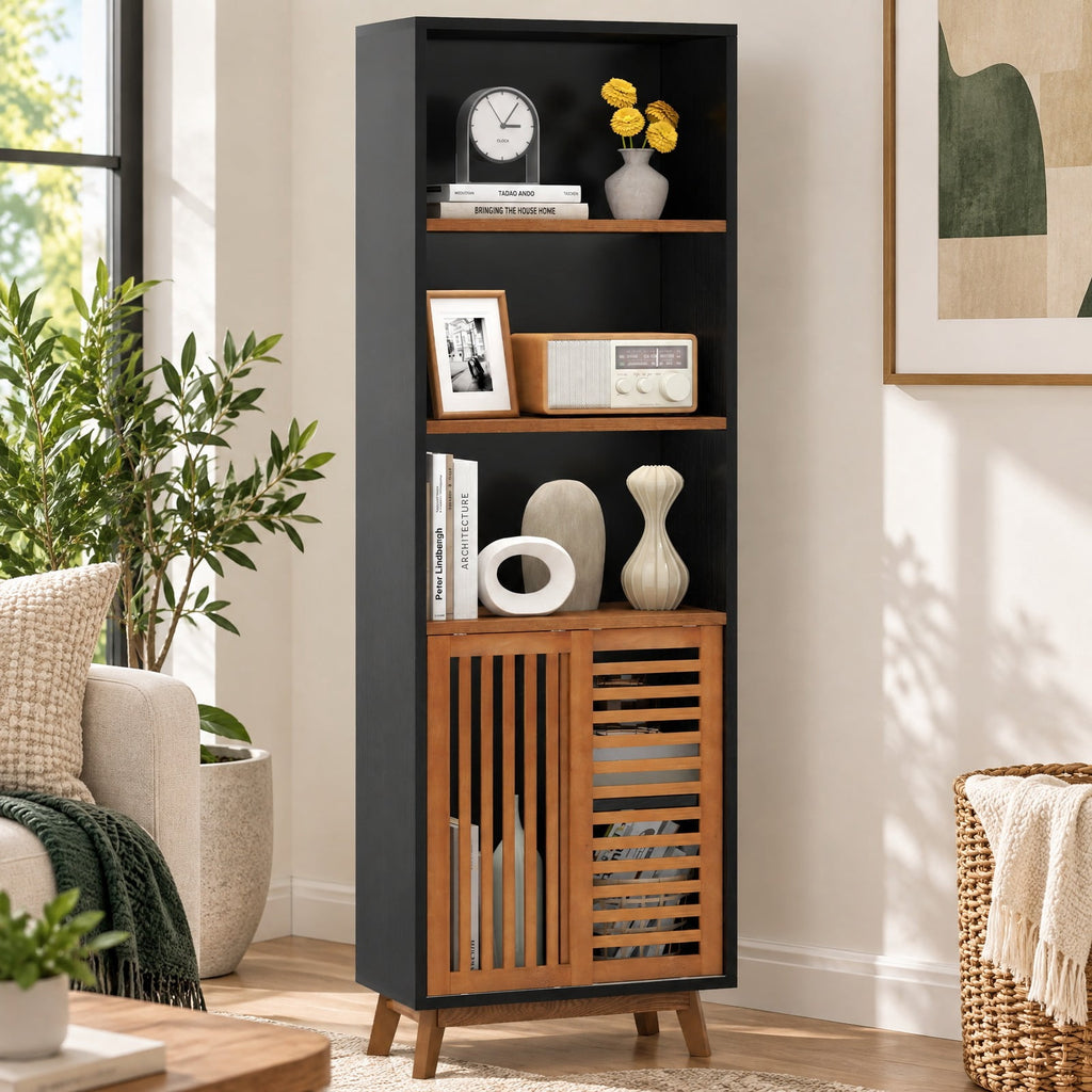 Airfind 70 Inch 5-Tier Bookshelf with Reversible Adjustable Shelf, 44 lbs Capacity, Solid Wood MDF Engineered Wood Aluminum Alloy Frame, Black