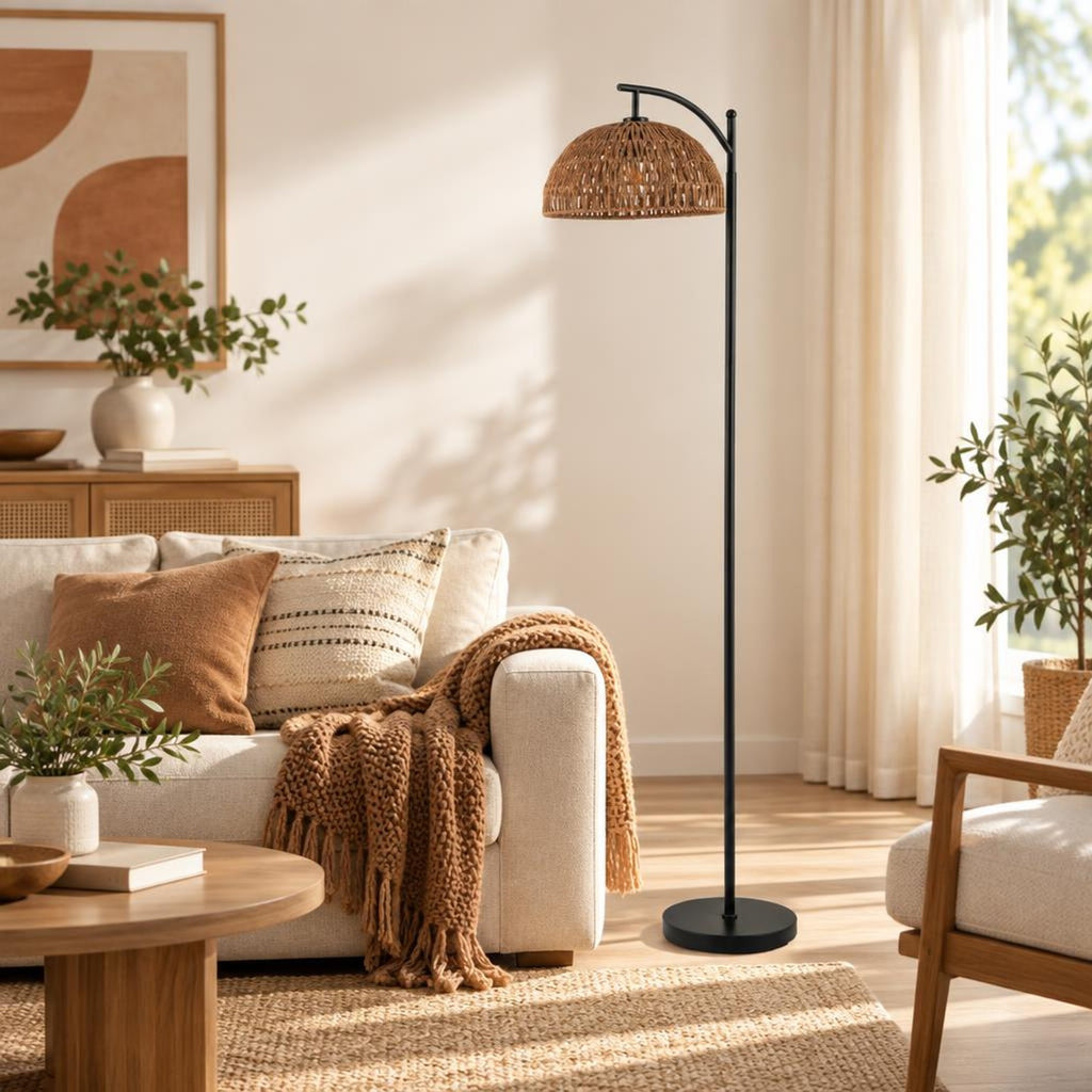Airfind Arc Floor Lamp 63 Inches Tall Pole Lamp with Hanging Lampshade, Metal Paper Rope Frame, 10 Inch × 63 Inch Footprint, Black