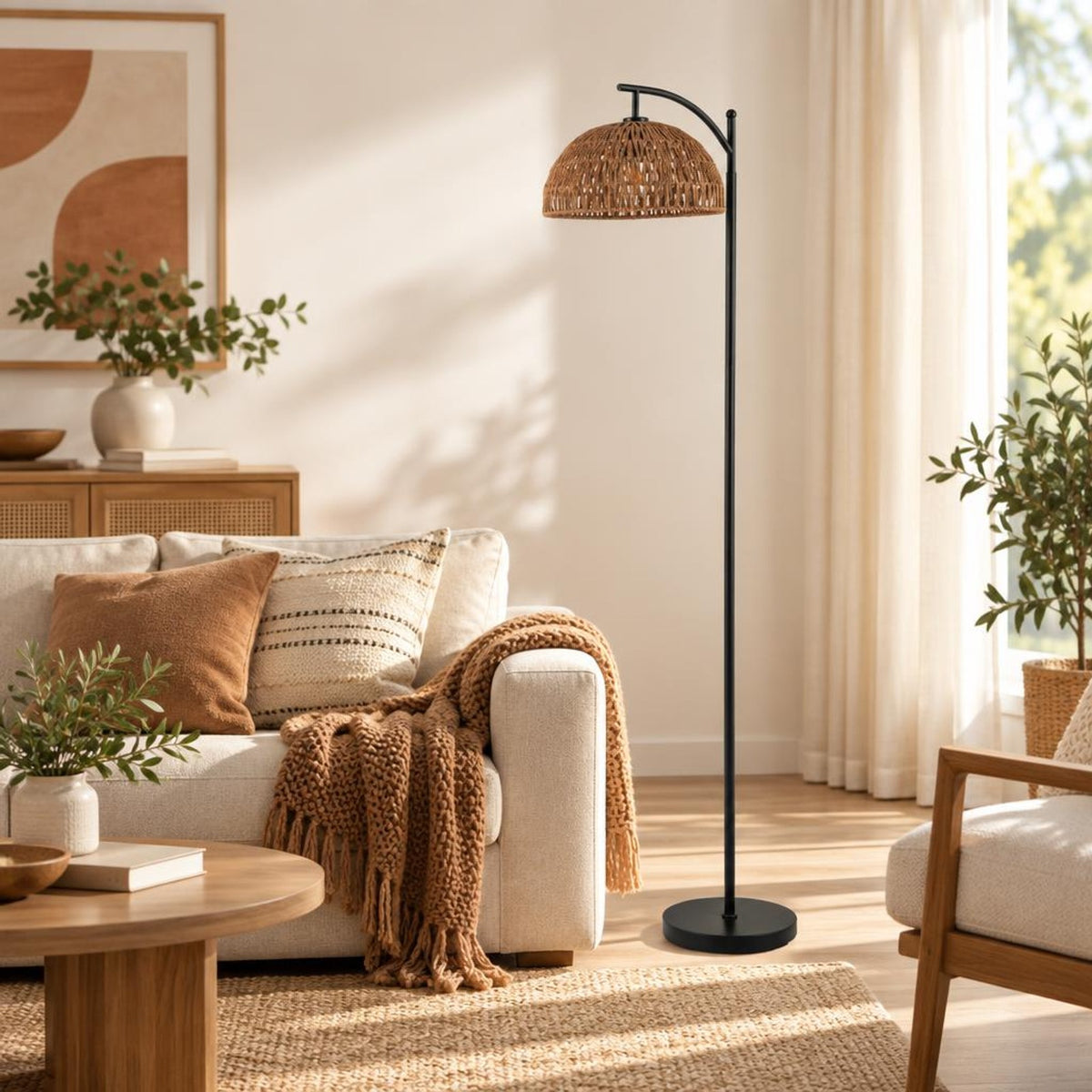 Airfind Arc Floor Lamp 63 Inches Tall Pole Lamp with Hanging Lampshade, Metal Paper Rope Frame, 10 Inch × 63 Inch Footprint, Black