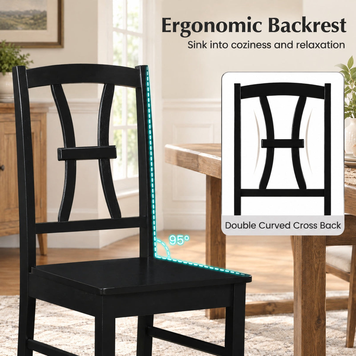 Airfind 400 lbs Capacity Dining Chair Set of 2 with Cross Backrest and Rubber Wood Frame, 400 lbs Capacity, Rubber Wood Engineered Wood Frame, Black