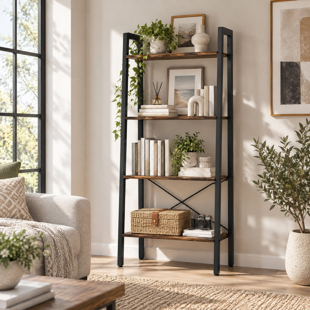 Airfind 4-Tier Bookshelf with Metal Frame and Adjustable Foot Pads, 200 lbs Capacity, Metal Engineered Wood Frame, Grey Oak