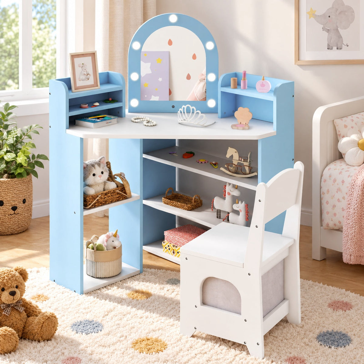 Airfind 2-In-1 Kids Vanity Set with Lights for Toddlers 3+ Years Old, 45 lbs Capacity, MDF Non-woven Fabric Frame, 37 x 24 x 39.5 Footprint
