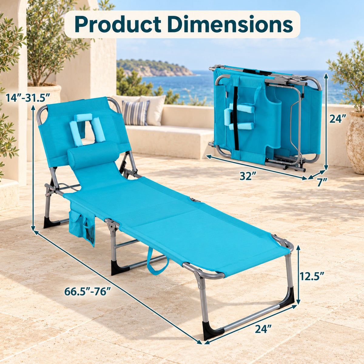 Airfind Set of 2 Tanning Chair Portable Chaise Lounge Chair with 4-Position Adjustable Backrest, 330 lbs Capacity, Blue