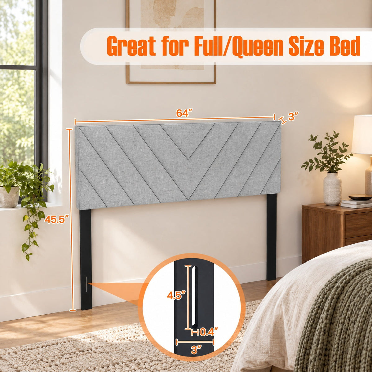 Airfind Linen Upholstered Headboard for Full and Queen Size Bed Frames, Linen Fabric Sponge Rubber Wood MDF Frame, 64 x 3 x 45.5 Footprint, Gray