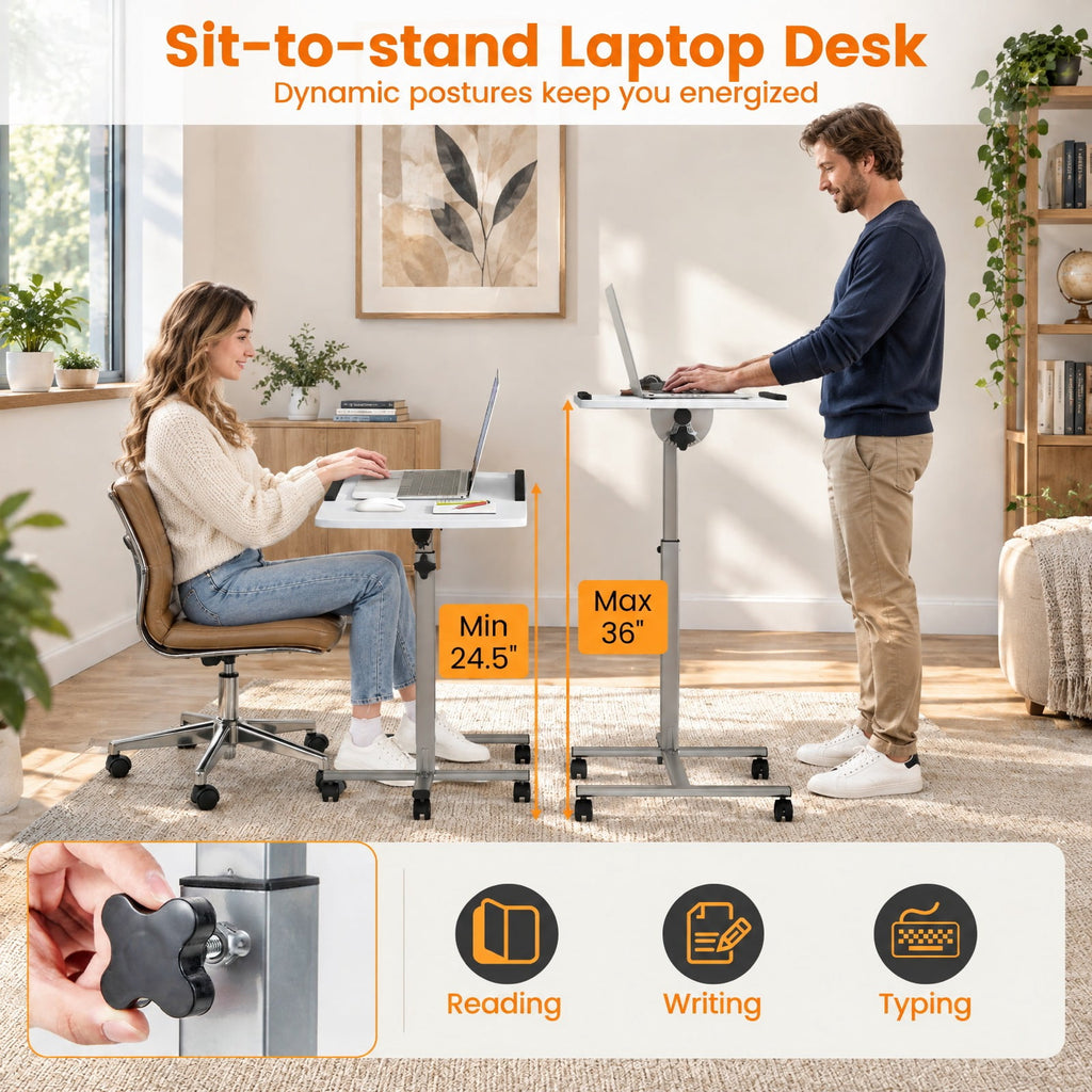 Airfind Adjustable Angle Height Rolling Laptop Table, Steel (frame) Frame, 23.5 x 16 x 24.5-36 (L x W x Adjustable H) Steel tube Footprint