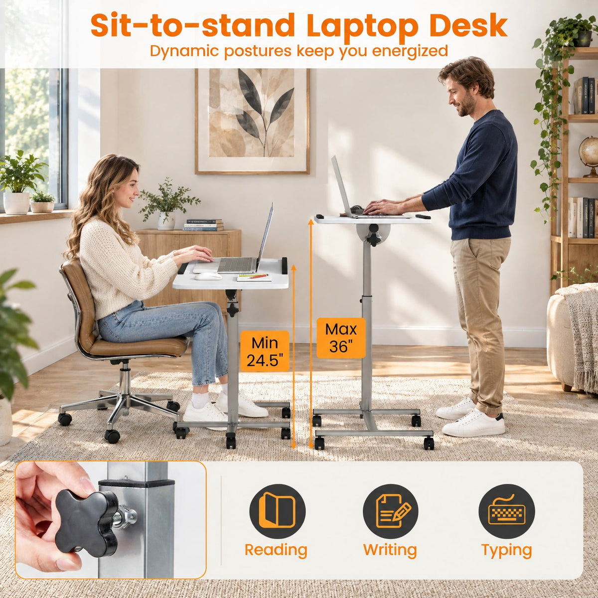 Airfind Adjustable Angle Height Rolling Laptop Table, Steel (frame) Frame, 23.5 x 16 x 24.5-36 (L x W x Adjustable H) Steel tube Footprint