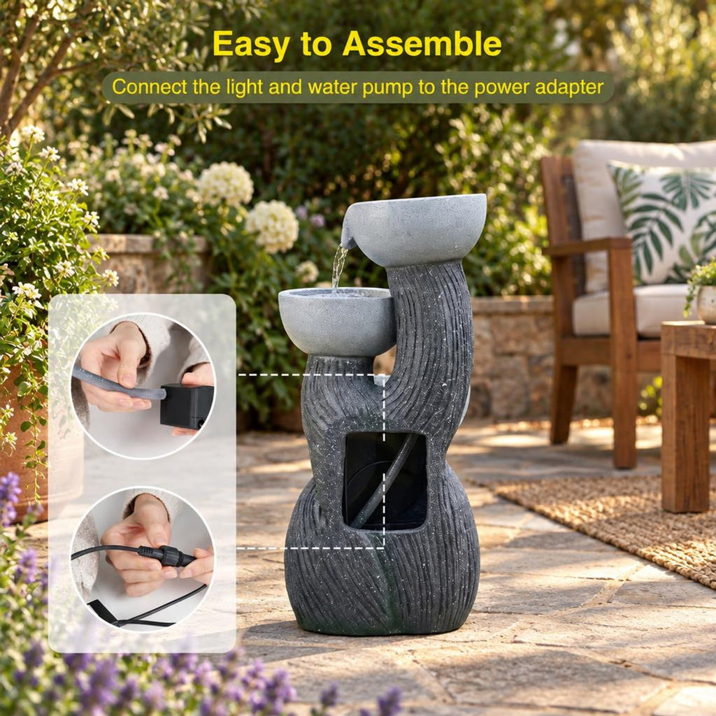 Airfind 3-Tier Outdoor Water Fountain with LED Lights 18.5 Inch H for Patio Deck, Resin Fiberglass Frame, Gray