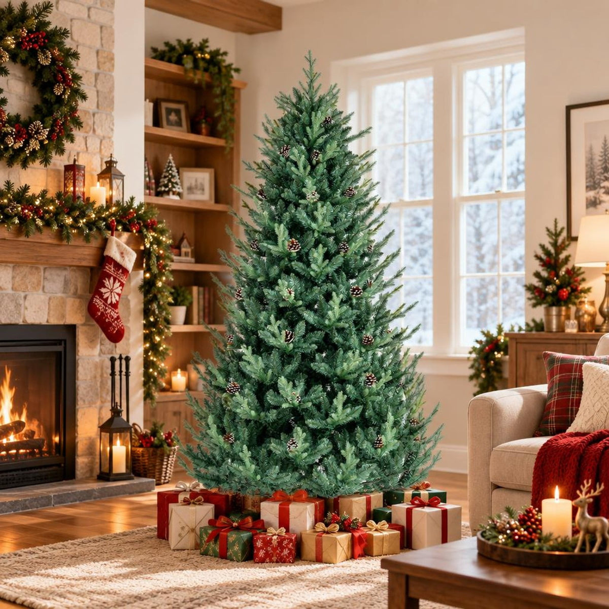 Airfind Pre-Lit Artificial Christmas Tree with Multicolored LED Lights, PE PVC Metal Frame, Size S 3.4 x 6 ft Footprint, Green