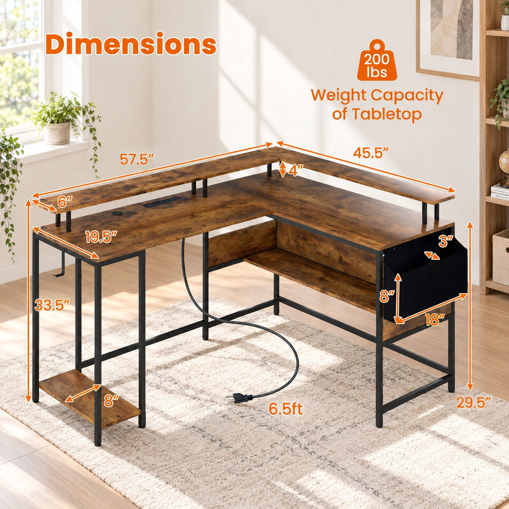 Airfind L-Shaped Gaming Desk with LED Lights and Power Outlets Home Office Computer Desk, 200 lbs Capacity, Engineered Wood Metal Frame, Brown