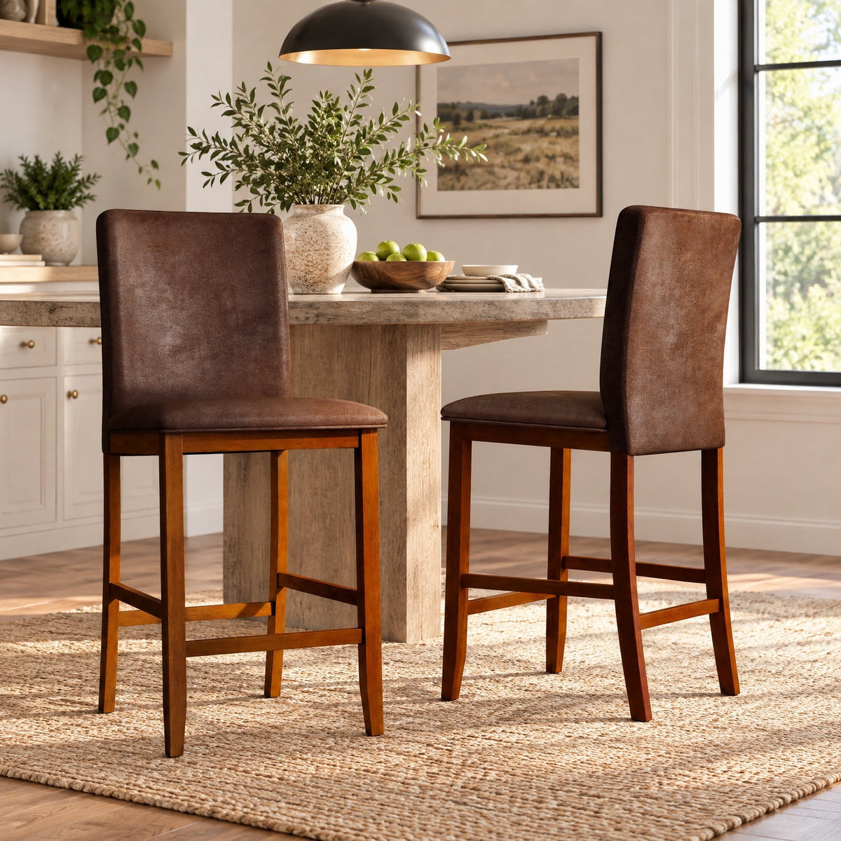 Airfind Counter Barstools, Set of 2, with Rubberwood Legs and Upholstered Seat, 330 lbs Capacity, Rubberwood Polyester Sponge Frame, Walnut