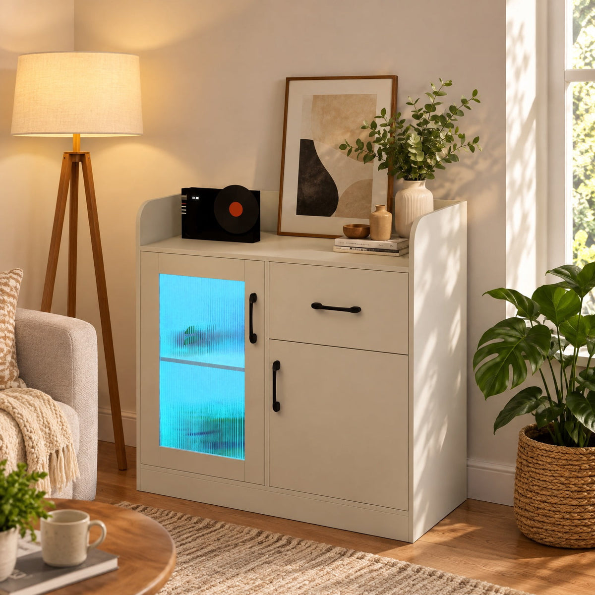 Airfind LED Buffet Sideboard with Charging Station with Drawer and Translucent Fluted Door, 110 lbs Capacity, Engineered Wood MDF PC Frame, White