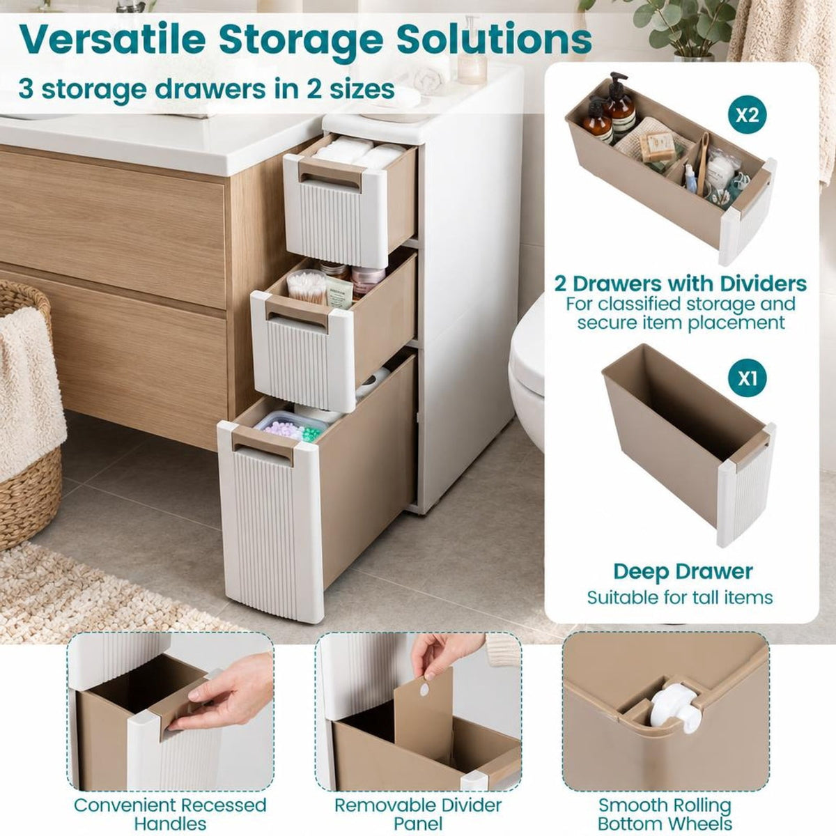 Airfind 3-Tier Narrow Storage Cabinet Slim Rolling Cart with 3 Drawers and 2 Removable Dividers, 11 lbs Capacity, PP Frame, 18 x 7 x 30 Footprint