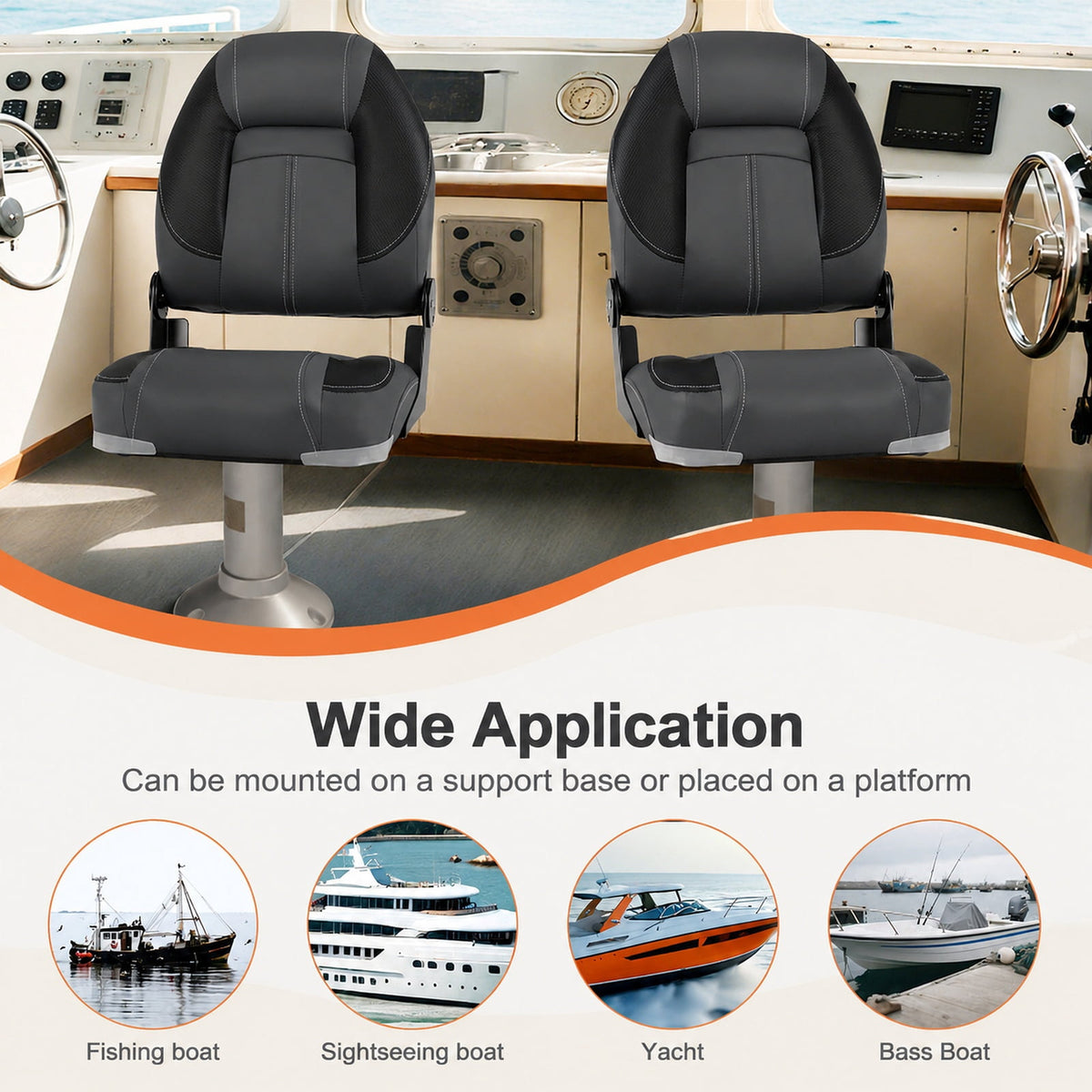 Airfind 3 Pack Folding Boat Seats with High Back and Low Back Chairs and 28D Sponge Padding for Fishing Boats and Marine Cabin Seating, Black