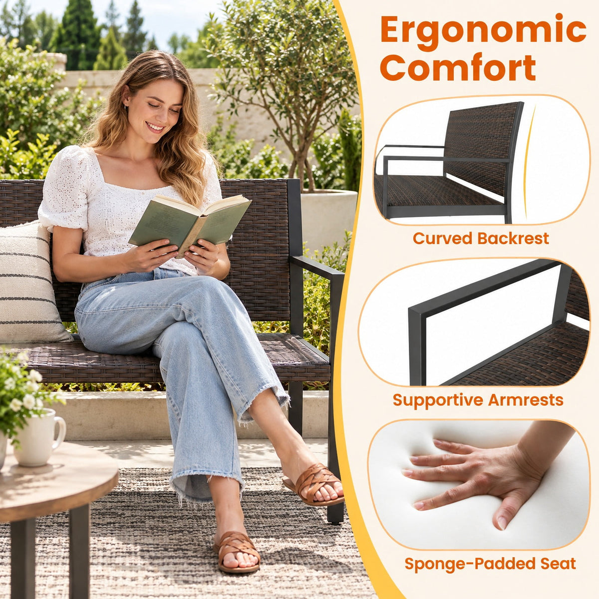 Airfind Patio Sun-Proof Rattan Loveseat with Soft Sponge Seat, 800 lbs Capacity, PE Rattan Metal Sponge Frame, 43 x 22 x 33 Footprint, Brown