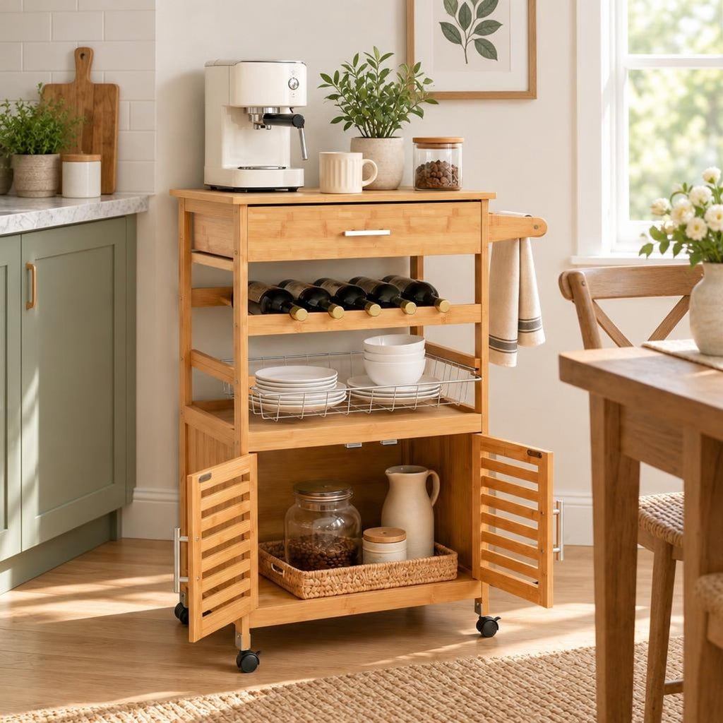Airfind Bamboo Rolling Kitchen Island Trolley with Storage Cabinet and Wine Rack, 66 lbs Capacity, Bamboo Engineered Wood Metal Frame, Natural